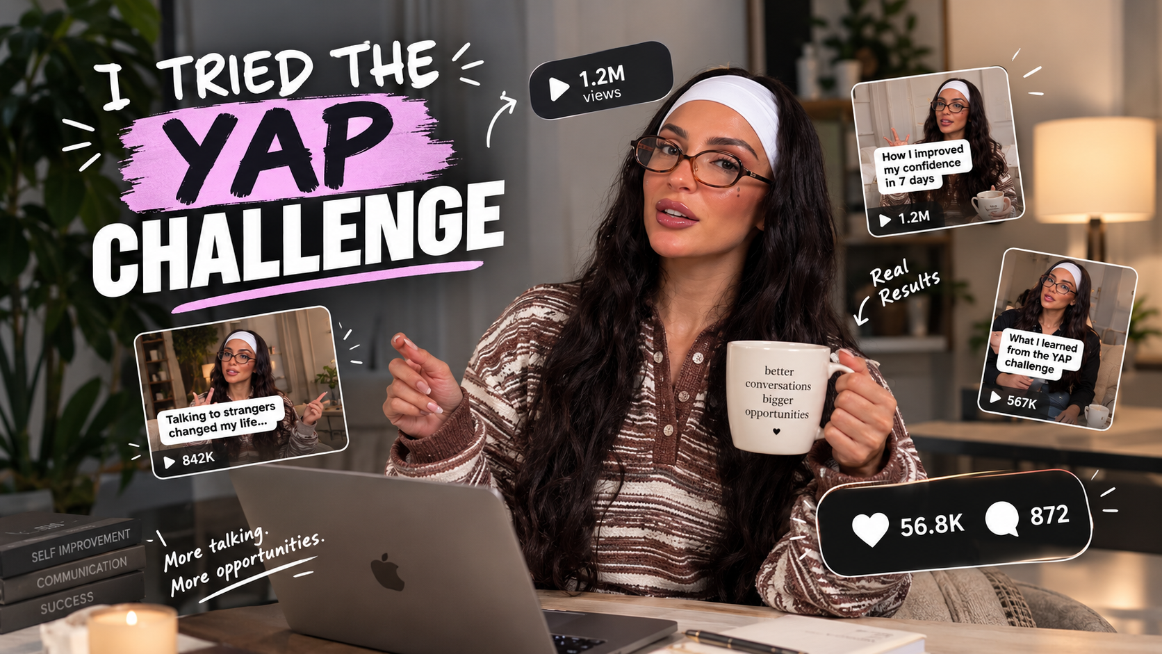 A creator's 'I tried the Yap Challenge' video thumbnail with view counts and results